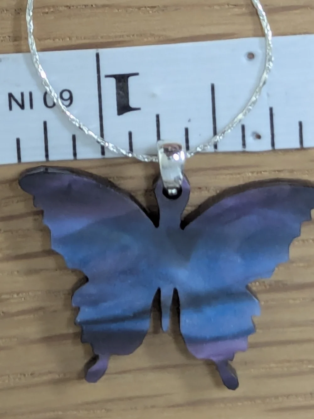 Blue Lavender Butterfly Necklace Reversible Pendant Silver Chain 16.5” + 2 
